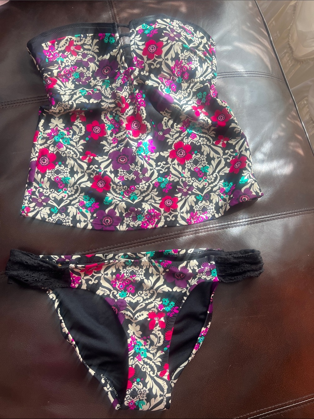 Jessica Simpson Black Floral Tankini Top and Bikini Bottom Set
